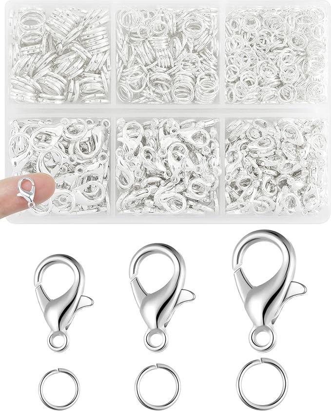900PCS FIVEIZERO Lobster Claw Clasps and Jump Rings Set - Silver Jewelry Clasps for Necklace, Bracelet, Keychains, and DIY Jewelry Making Supplies
