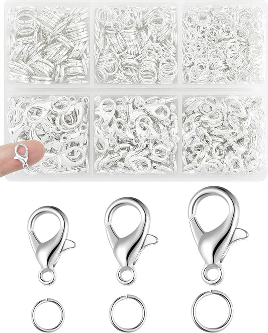 900PCS FIVEIZERO Lobster Claw Clasps and Jump Rings Set - Silver Jewelry Clasps for Necklace, Bracelet, Keychains, and DIY Jewelry Making Supplies