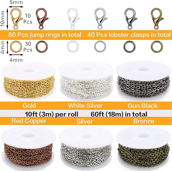 Jishi Chains Jewelry Making Supplies, 60ft Cable Link Chains for Making Jewelry Necklace Earring Bracelet Findings DIY Craft Kit for Adults, 6-Color 2mm Gold Silver Copper Plated Metal Link Rolls Bulk