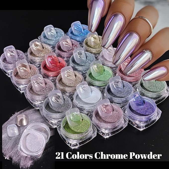 Metallic Chrome Nail Powder Kits 21 Jars Fantasy Mirror Nail Art Glitter Magic Chrome Effect Elegant Gold Pink Green Rubbing Pigment DIY Decoration for Gel Polish Nails Supplies