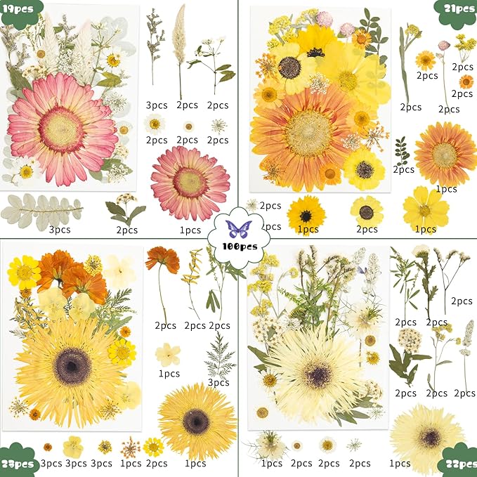 188 Pcs Dried Pressed Flowers for Resin Crafts, Real Natural Pressed Flowers and Leaves Kit Butterfly Stickers Vacuum Sealed Dry Flowers for DIY Epoxy Resin Jewelry Molds, Candle Soap Making, Nail Art