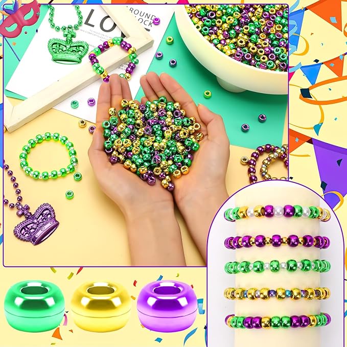 UPINS 1200Pcs Mardi Gras Pony Beads for Jewelry Making Crafts Friendship Round Plastic Gold Purple Green Beads Carnival Masquerade Party Favors Mardi Gras DIY Decor Supplies