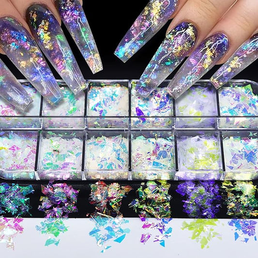 12 Colors Holographic Nail Art Glitter Sequins Iridescent Ice Slag Nail Glitter Flakes Irregular Mermaid Nail Sequins Colorful Fluorescent Glass Paper Nail Decoration for Face Hand Body Make-up DIY