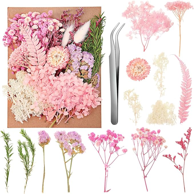 Real Dried Flowers, Natural Dry Flowers Mixed Natural Pressed Flowers Flores Secas Dried Florals for Crafts,Resin,Candle Making (Pink)