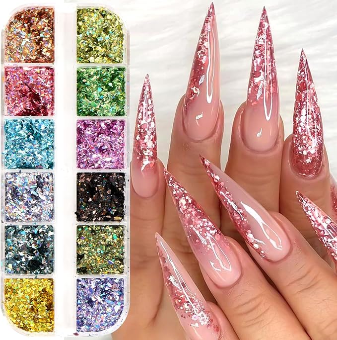 Holographic Nail Glitter Foils Sequins, 36 Colors Sparkly Ultra-Thin Aluminum Foil Nail Art Flakes and Shiny Glitters Mermaid Paillettes Acrylic Supplies for Women Manicure DIY Decorations