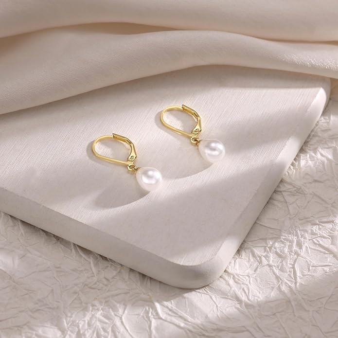 Freekiss Pearl Earrings for Women Trendy: Flat Back Stud Earrings 14K Gold Plated/925 Sterling Silver Freshwater Pearl Dangle Earrings Cute Bow Earrings Wedding Jewelry Birthday Gifts for Women Girls