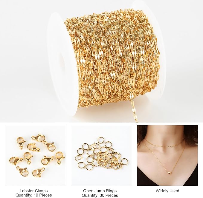 Kyutong 32.8 Feet Thin Stainless Steel Lip Chain Roll Gold Chain for Jewelry Making with Accessories for Necklace Choker Bracelet DIY Jewelry Craft Supplies