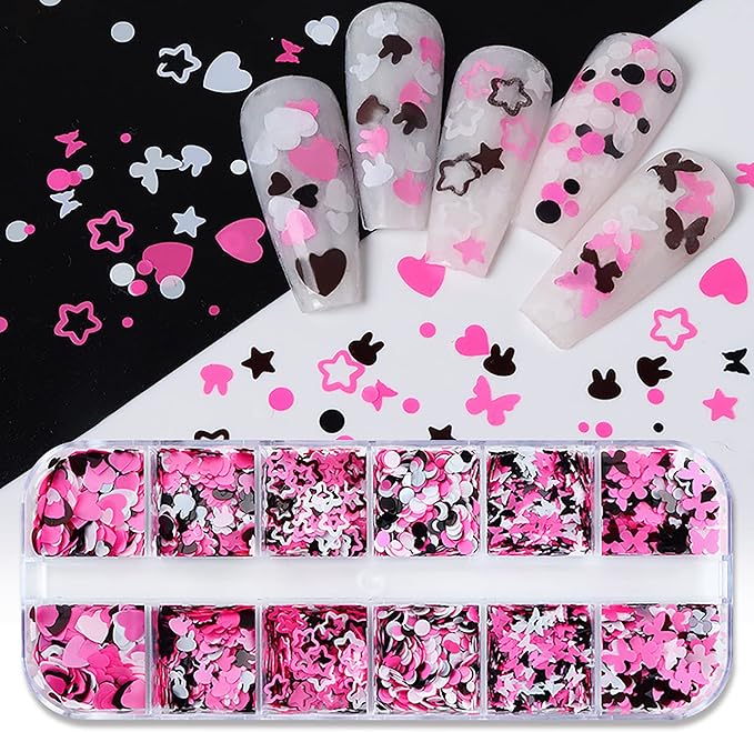 AddFavor 4 Boxes Valentine Nail Glitter Mixed Shaped Pink Purple White Heart Flower Colorful Round Sequins Lash Decals for Art Decoration/False Eyelash Decor