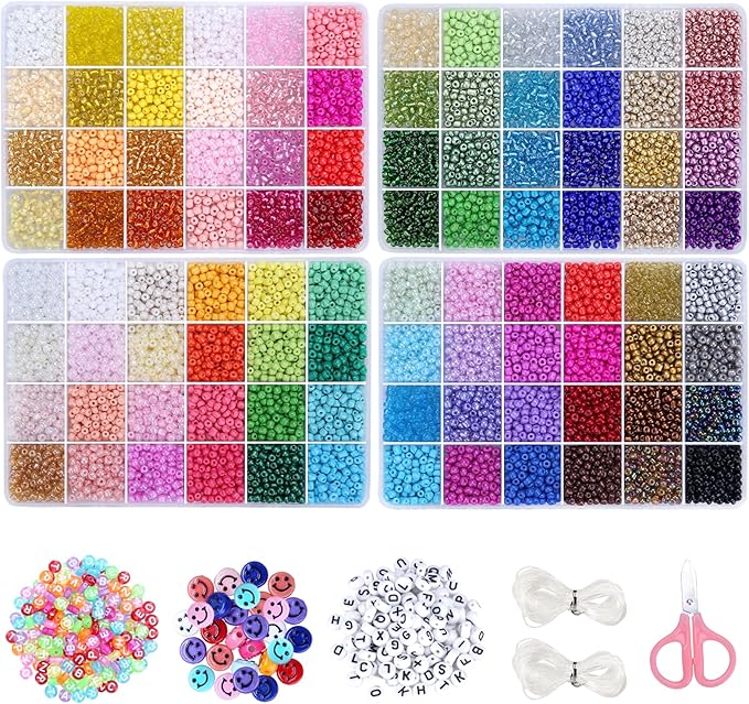 EFIVS ARTS Seed Beads 96 Colors 4MM Small Beads Kit Tiny Bracelet Waist Beads Set with Pendant Charms Letter Beads Kit for Concert Bracelets DIY Making