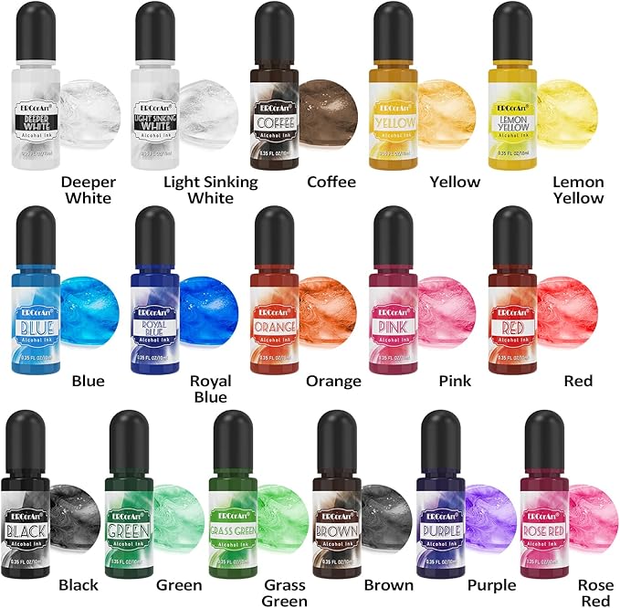 Alcohol Ink Set - 26 Bottles Vibrant Colors Alcohol Inks, High Concentrated Resin Ink, 10 Colors Metallic Alcohol Pigment Resin, Alcohol Based Ink for Epoxy Resin, Fluid Art Painting, Glass - 0.35oz