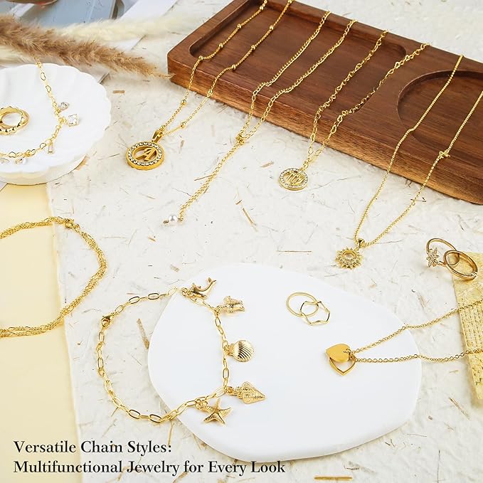18k Gold Necklace Chains for Jewelry Making, 52.5 Feet 8 Rolls Bracelet Chains for DIY,6.5 Feet Each Style, Gold Plated Chain with Jump Rings/Lobster Clasps/Connectors