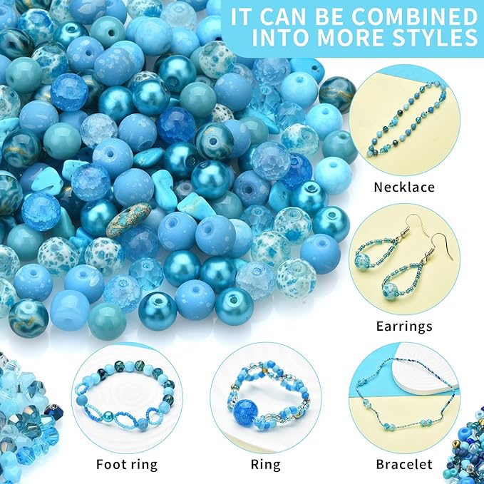 Rired 27 Assorted Craft Beads Bracelet Kit, Columbia Blue Bead Including 7 Types of Round/Glass Pony/Bicone Crystal Beads/Rondelle/Gravel and Seed Beads for Jewelry Making