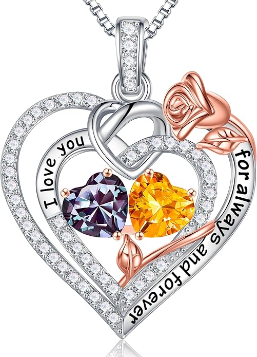 Iefil Valentines Day Gifts for Her Wife - 925 Sterling Silver Double Birthstone Necklace, Anniversary Birthday Gifts for Women, Jewelry Gift for Wife Girlfriend Mom Her
