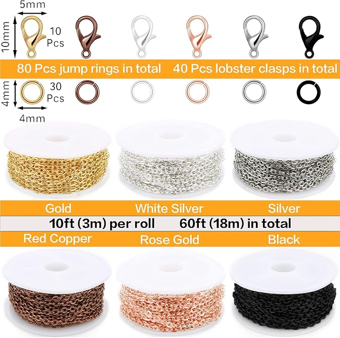 Jishi 60ft Jewelry Necklace Chains 2mm Jewelry Chain Links for Making Bracelets Earrings DIY Craft Supplies Findings, 6-Colors Gold Silver Copper Plated Metal Cable Rolo Link Chain Rolls Bulk