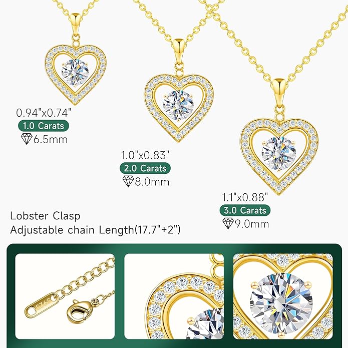 Heart Pendant Necklace for Women: Luxury Gift for Wife Girlfriend Mom/Her - 3ct D Color Moissanite - Gold Jewelry with Gift Box- Hypoallergenic & Adjustable Chain - Daily & Special Occasion Wear