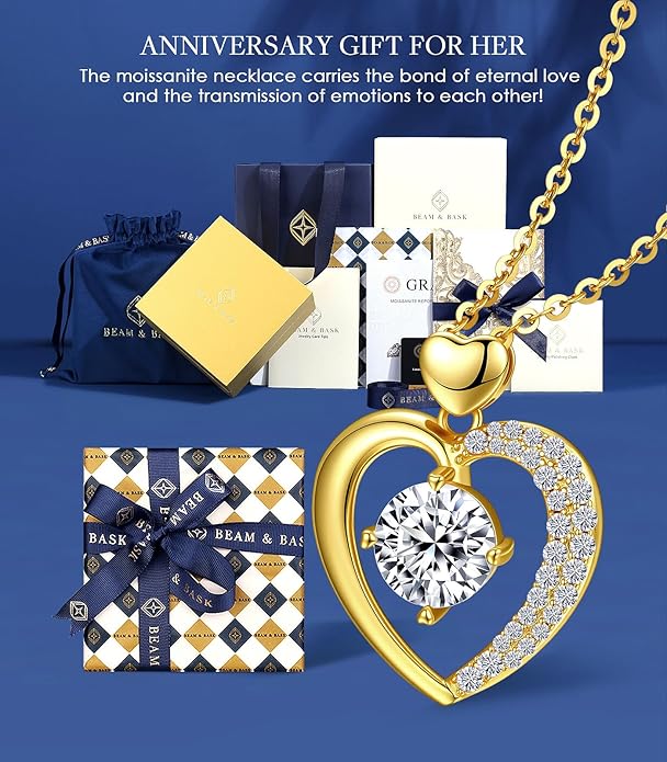 Beam & Bask Moissanite Heart Pendant Necklaces for Women, Engraved with LOVE, Sterling Silver Plated with 18K Gold, Anniversary and Birthday Jewelry for Wife, Girlfriend, Mom, or Her