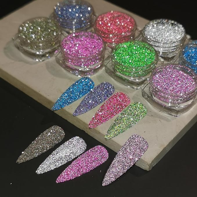 Reflective Glitter Powder Set, 8 Colors Holographic Sparkle Glitter Dust, Flash Diamond Silver Pink Red Purple Blue Shiny Sugar Dipping Pigment DIY Manicure Nail Art Decoration Crafts