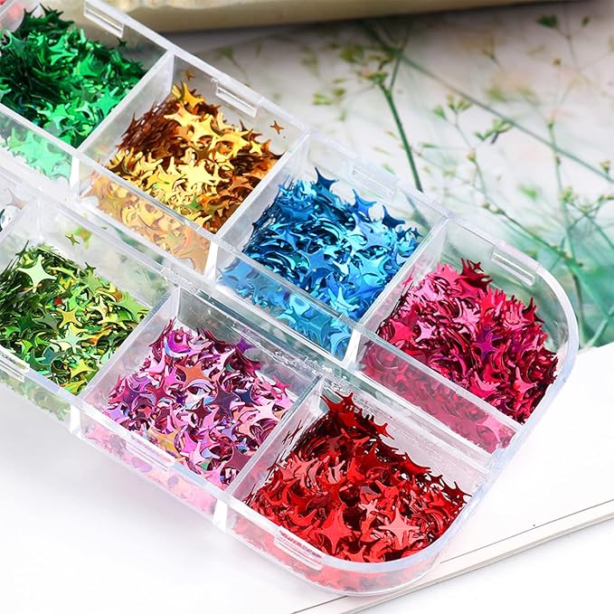 Stars Nail Art Glitter Sequins, 3D Sparkly Four-Pointed Star Nail Flakse Designs, 12 Colors Star Nail Art Sequins Supplies for Women Girls Manicure Shiny Decorations, DIY Resin Nail Art Tips