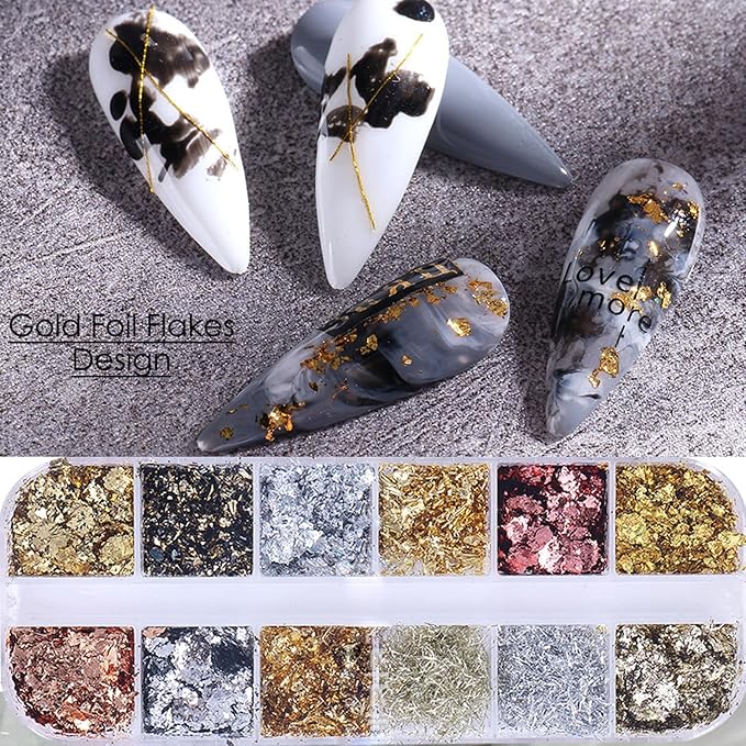 Holographic Glitter Nail Art Gold Foils,12 Colors Sparkly Champagne color and silver line Ultra-Thin Aluminum Flakes Design, Irregular Nail Sequins Acrylic Manicure Accessories DIY Charms 3D Nail Tips