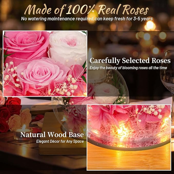 Preserved Pink Real Rose in Glass with Scented Candles–Eternal Flower Romantic Anniversary Mothers Day Christmas Birthday Valentines Day Gifts for Her, Women, Wife, Girlfriend, Mom, Grandma
