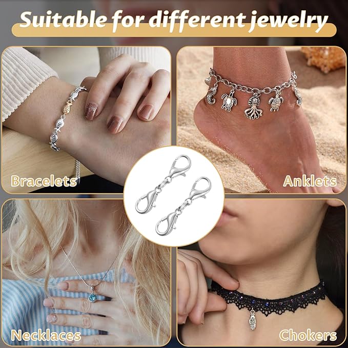 10 Pcs Double Lobster Clasp Extender Silver Necklace Chain Extenders Double Claw Connector Bracelet Necklace Extender for DIY Jewelry Making