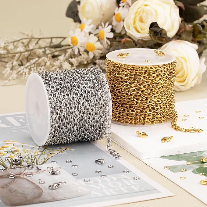 SMYHTGLIF 2 Rolls Total 32.8 Feet Gold and Silver Chain for Jewelry Making Stainless Steel Cable Chain Roll Oval Link Bulk Chain Craft Jewelry Making Chains