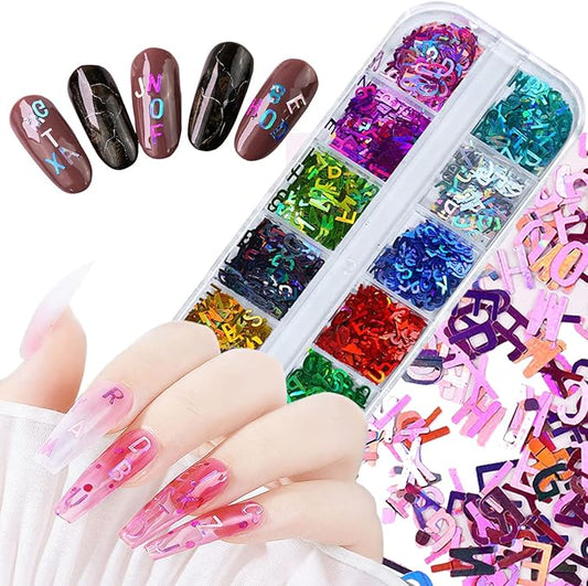 12 Colors Letter Nail Art Glitter Sequins, Holographic 3D Alphabet Nail Art Flakes Designs, Laser Letters Glitter Acrylic Nails Supplies for Women Girls Manicure Sparkly Decorations, DIY Shiny Crafts