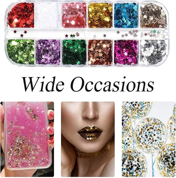 Stars Sequins, 3D Sparkly Five-Pointed Star Nail Flakes, 12 Color Star Nail Art Decorations, DIY Resin Tips