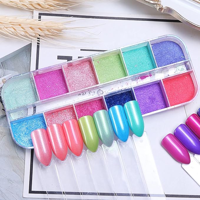 12 Colors Pearl Light Rouge Powder, Aurora Color Pigment Nail Art Dust Designs, Women Girls Manicure Tips Charms Decorations, Acrylic Nails Powder for Nail Art Gel Polish Dipping Liquid