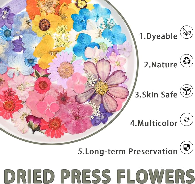 Dried Pressed Flowers Real Pressed Flowers Natural Dry Leaves Bulk Mixed Colorful Herbs Kit with Tweezers for Scrapbooking DIY Candle Jewelry Crafts Making Nails (Strong Color)