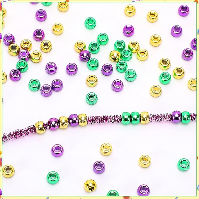 UPINS 1200Pcs Mardi Gras Pony Beads for Jewelry Making Crafts Friendship Round Plastic Gold Purple Green Beads Carnival Masquerade Party Favors Mardi Gras DIY Decor Supplies