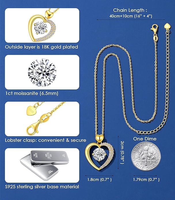 Beam & Bask Moissanite Heart Pendant Necklaces for Women, Engraved with LOVE, Sterling Silver Plated with 18K Gold, Anniversary and Birthday Jewelry for Wife, Girlfriend, Mom, or Her