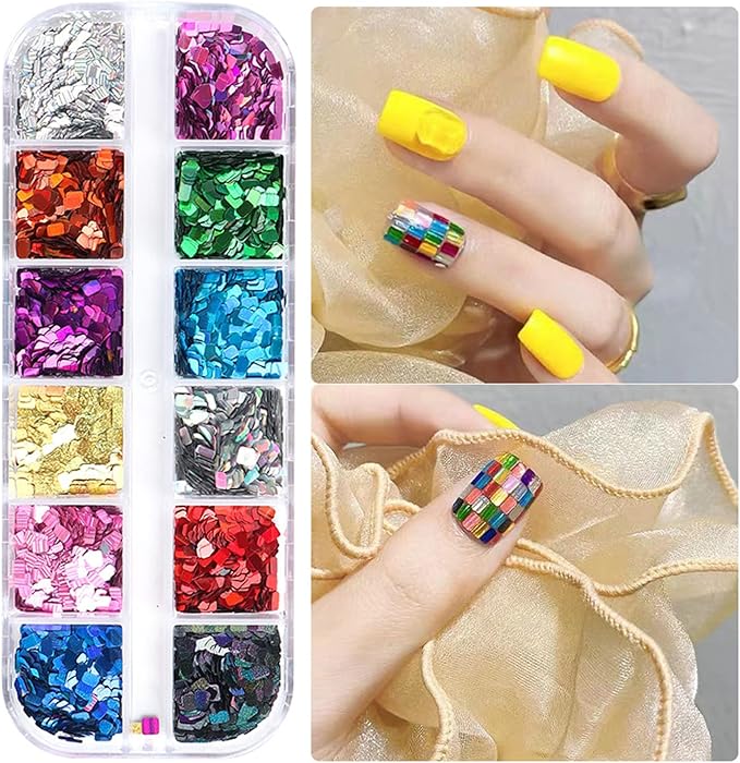 Holographic Square Glitter Flakes, 12 Colors Rectangle Sparkly Sequins, 3D Glitters Acrylic Nails Supplies for Women Girls Manicure Shiny Decorations, DIY Crafts Resin Nail Art Tips