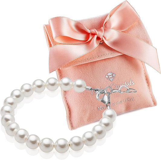 Baby Crystals Sterling Silver Bracelets for Girls with High End White European Simulated Pearls, Elegant Girls Jewelry, Pearl Bracelet for Baby Birthday Gifts Flower Girls, Baptism Keepsake