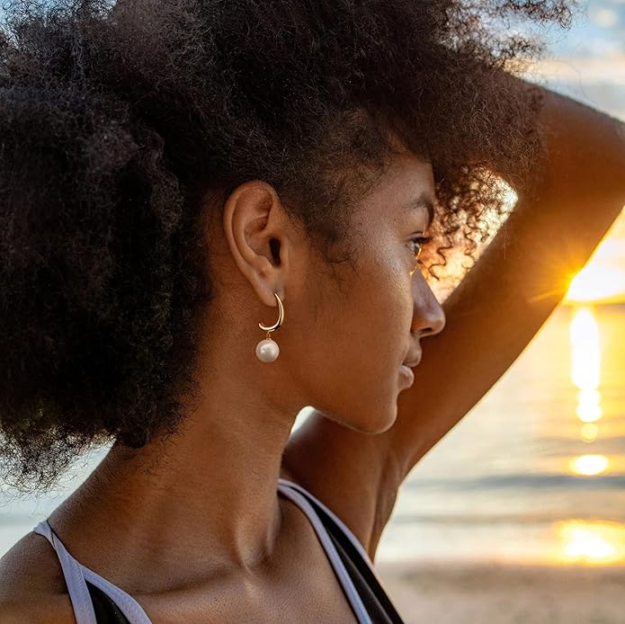 Gold Plated Huggie Hoop Earrings with Charms Fashion Pearl Drop Dangle Earrings for Women Handmade Karma Circle Jewelry for Ladies Lightweight Pearl Earrings on Christmas