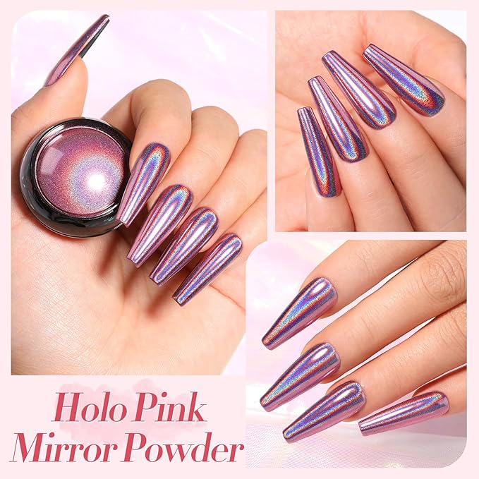 Born Pretty Chrome Nail Powder Metallic Mirror Powder Holographic Pigment Powder Manicure Nail Art Decoration Sets Silver Gold Pink Rose Gold 4 Boxes