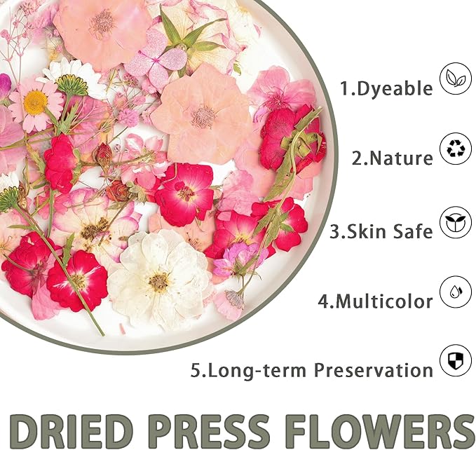50Pcs Dried Pressed Flowers Real Pressed Flowers Natural Dry Leaves Bulk Mixed Colorful Herbs Kit with Tweezers for Scrapbooking DIY Candle Jewelry Crafts Making Nails (Pink)