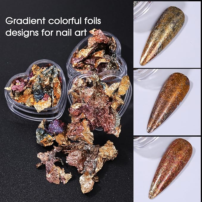 Unique Gold Flakes for Nails 12 Boxes Irregular Aluminum Golden Nail Glitter Foils Holographic Gold Foils for Nails Gradient Silver Rose-Gold Nail Art Sequins Designs DIY Charms Manicure Decorations