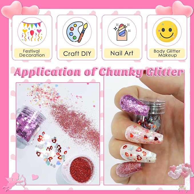 Laza 12 Colors Nail Art Glitter for Valentine’s Day Nail Stickers Chunky Red Glitter Powder Fairy Dust Pink Nail Charms Sparkle Confetti Sequins Foil Flakes for Nails, Makeup, Resin — Glittery Love