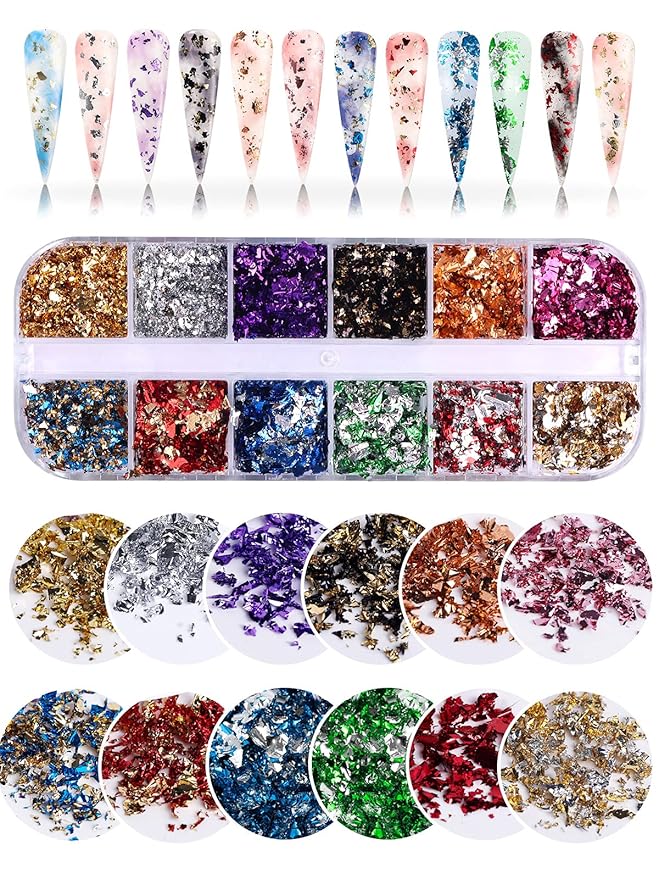 EBANKU 24 Grid Holographic Nail Art Flakes, Foil Glitter Sequins Confetti Gold Silver Irregular Mirror Effect Acrylic Powders Paillette for Nail Decoration