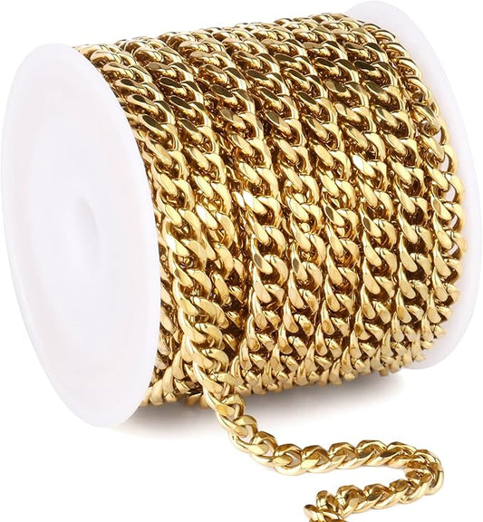 16.5FT Gold Cuban Chain Roll 6MM 18K Gold Plated Diamond-Cut Curb Link Chains Spool Bulk for DIY Crafts Jewelry Making