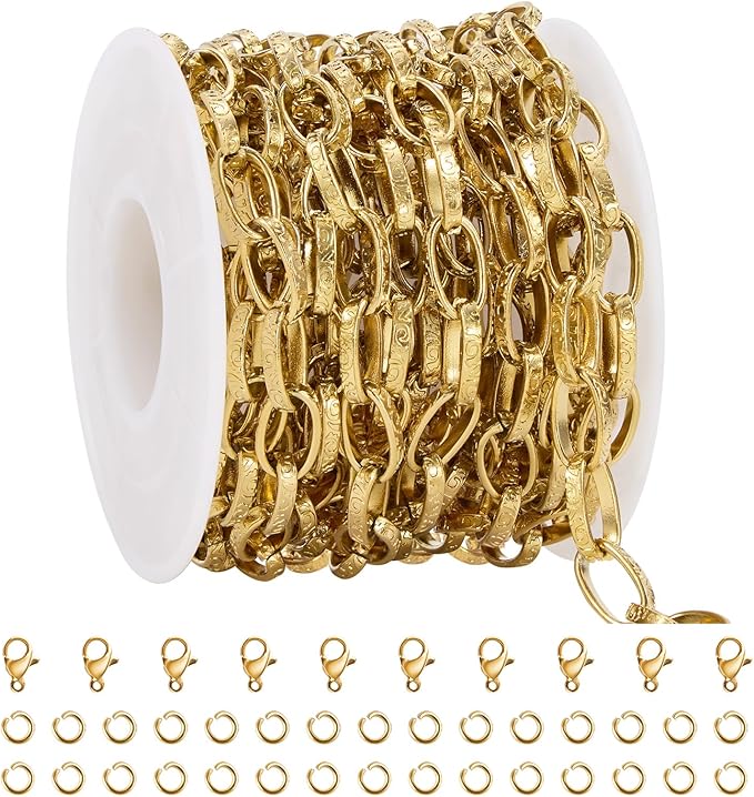 GTVOODX 13 Feet 18K Gold PVD Plated Paperclip Chain Roll, Stainless Steel Textured Oval Link Chain Bulk for DIY Jewelry Making with Lobster Clasps and Jump Rings
