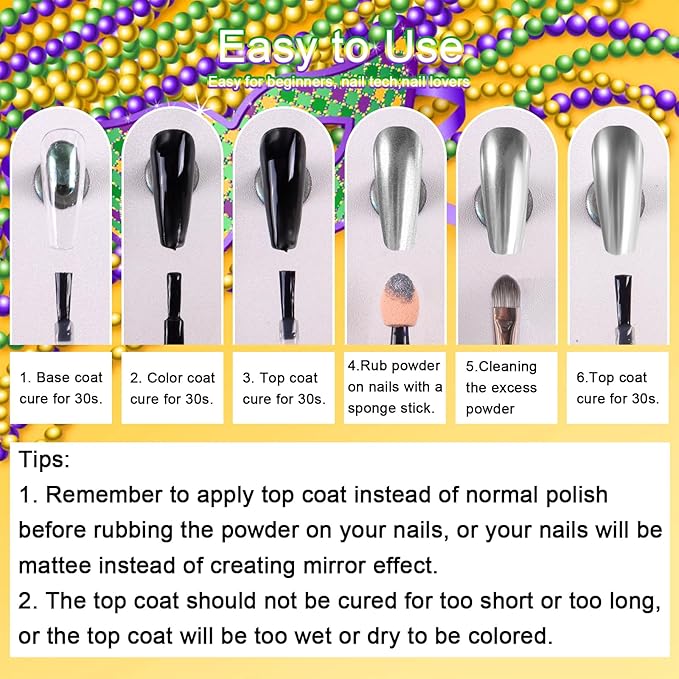 Laza 3 Colors Mardi Gras Chrome Nail Powder Mirror Effect Metallic Dust Holographic Glitter Manicure Decoration Reflective Pigment for DIY Gel Polish Nail Art, Resin Craft, Gifts - Gold Green Purple