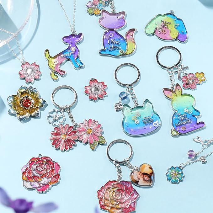 LET'S RESIN Keychain Molds 37Pcs, Silver UV Resin Molds for Beginners, Open Bezel Flower & Animal Molds for Keychain, Jewelry & Pendant Making