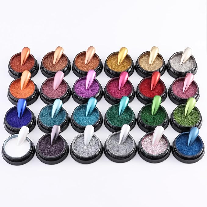 Fcozpjk 24 Colors Chrome Nail Powder Set Metallic Mirror Effect Gold Silver Pink Chrome Nail Powder White Pearl Iridescent Multi Chrome Powder for Nails Chameleon Rubbing Pigment Manicure Supplies