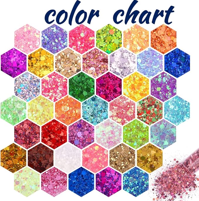 Holographic Chunky and Fine Glitter Mix, 45 Colors Festival Sequins & Powder, Iridescent Flakes, Cosmetic Face Body Eye Hair Nail Art Resin Tumbler Loose Glitter