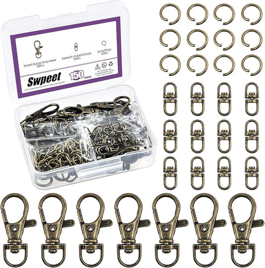 Swpeet Assorted 150Pcs Bronze Keychain Making Kit, 50Pcs Swivel Lobster Claw Clasps, 50Pcs Rotating 8-Shaped Buckle Claw Clasp, 50Pcs Jump Ring, Swivel Trigger Hook, Swivel Clasps Lanyard Snap Hook