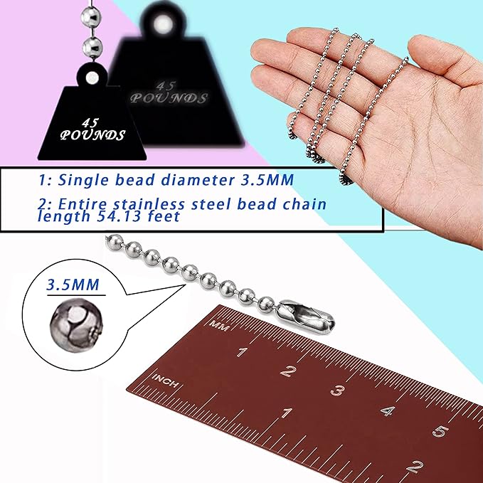 55ft Ball Bead Chain, 3.5mm Stainless Steel with 100 Connectors Clasps, Bulk Necklace for Jewelry Making, Dog Tag, Military Keychain