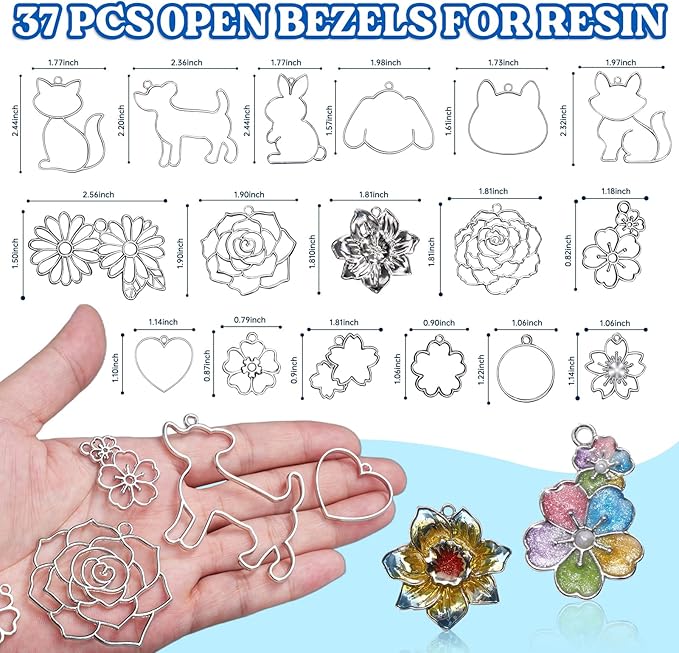 LET'S RESIN Keychain Molds 37Pcs, Silver UV Resin Molds for Beginners, Open Bezel Flower & Animal Molds for Keychain, Jewelry & Pendant Making