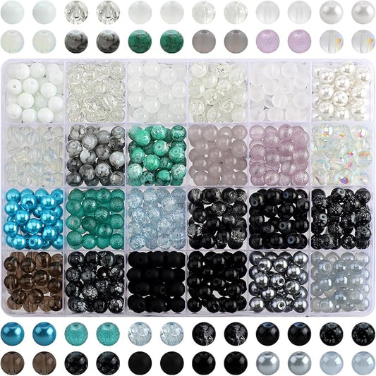 Rired 27 600pcs 8mm Round Glass Beads for Jewelry Making, 24 Colors Crystal Glass Beads Kit Including Crackle/Stone/Pearl Beads for Bracelet Necklace DIY Supplies Adults Christmas Decoration